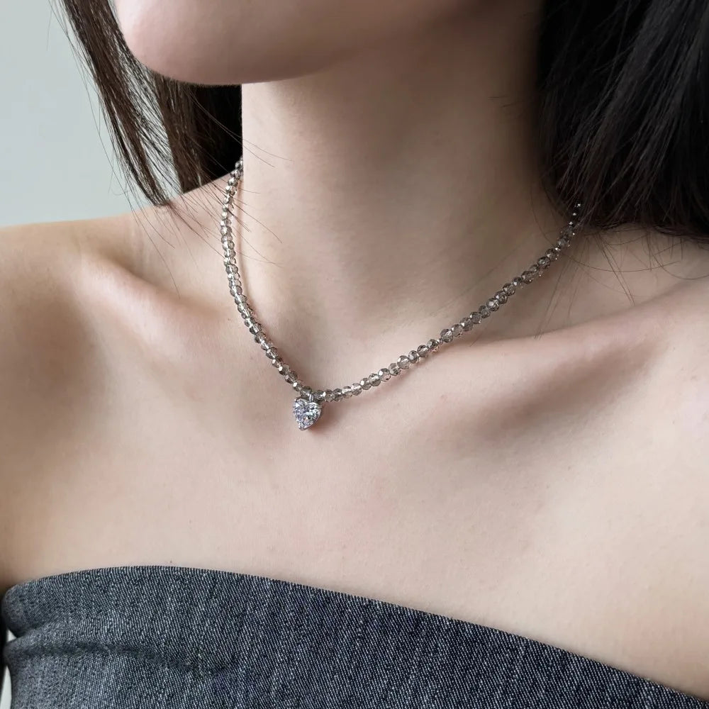 Silver Zircon Heart Cut Double Layer Beaded Necklace