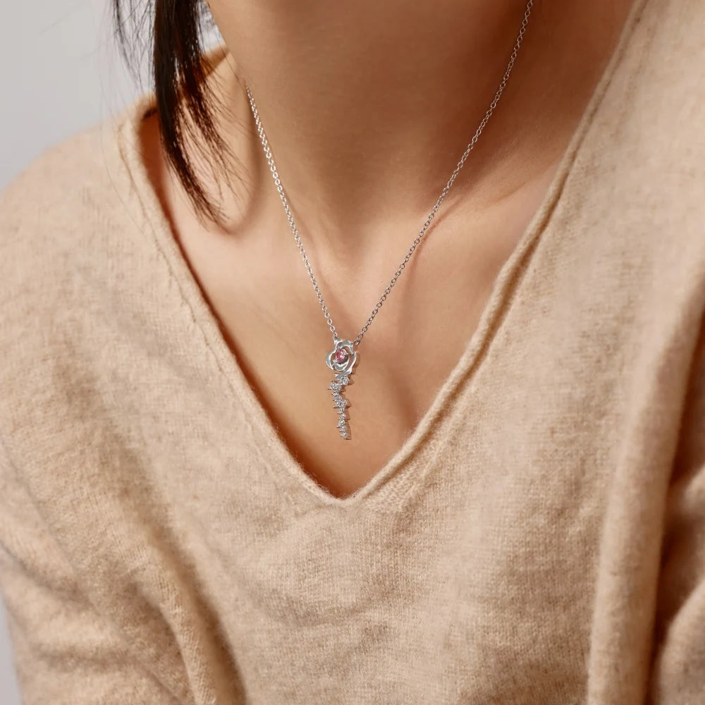 Silver Zircon Round Cut Blossom Rose Pendant Necklace