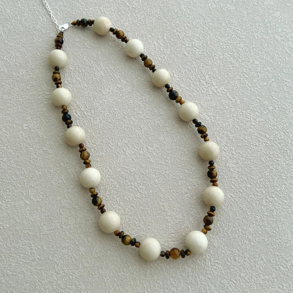 Silver Tiger Eye Round Cut Multi Shape Beaded Necklace
