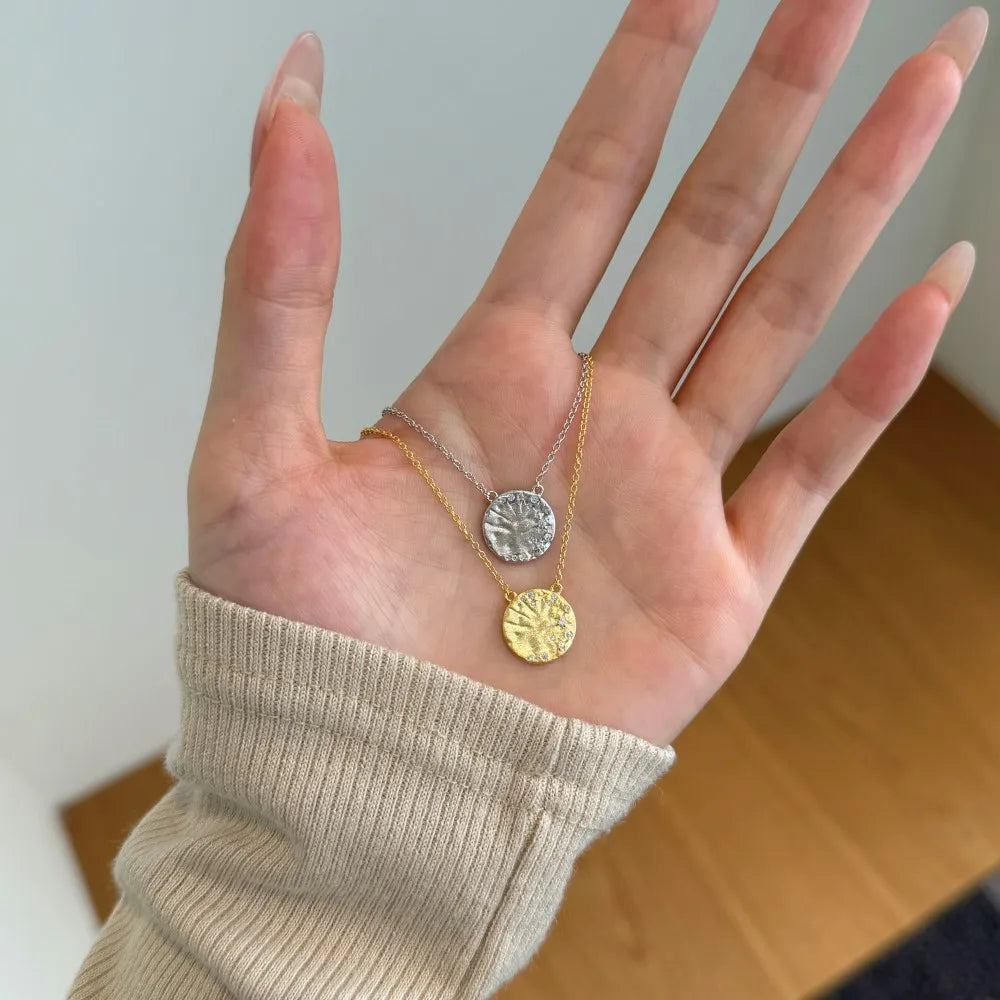 Silver Zircon Round Cut Frosted Disc Pendant Necklace