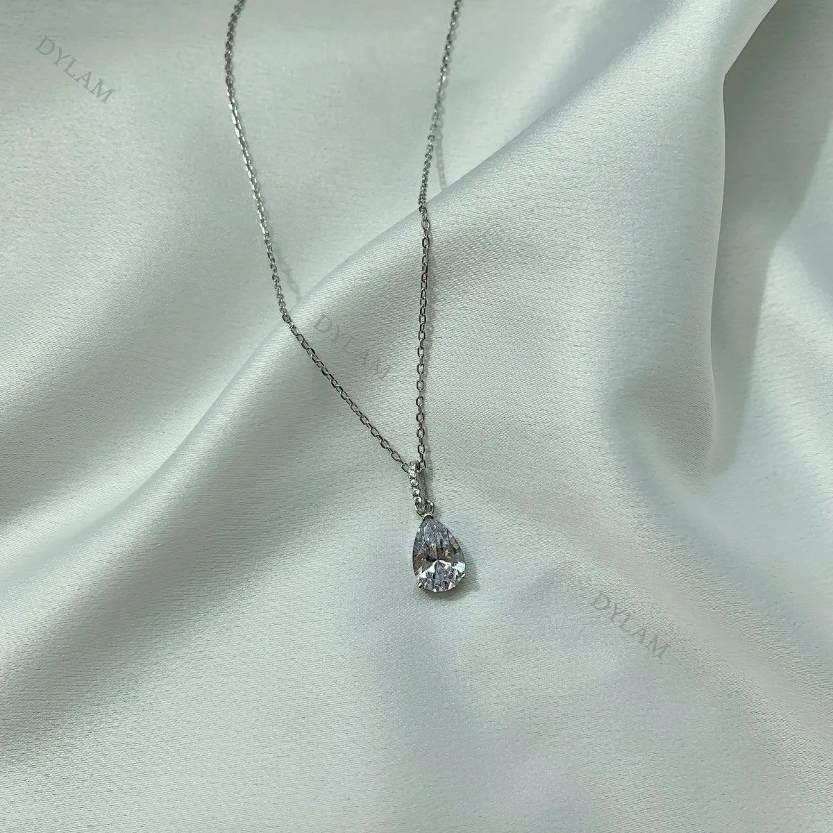Silver Zircon Pear Cut Water Drop Pendant Necklace