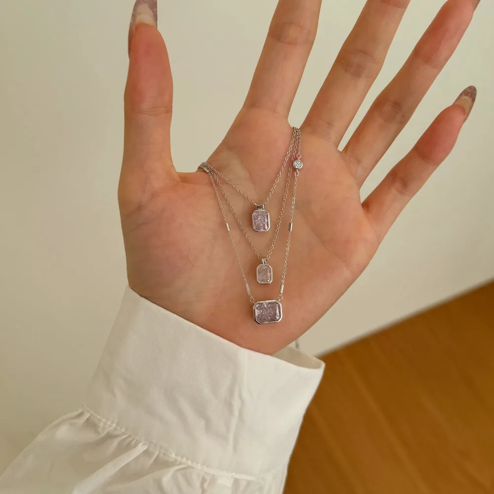 Silver Zircon Radiant Cut Brushed Single Pendant Necklace