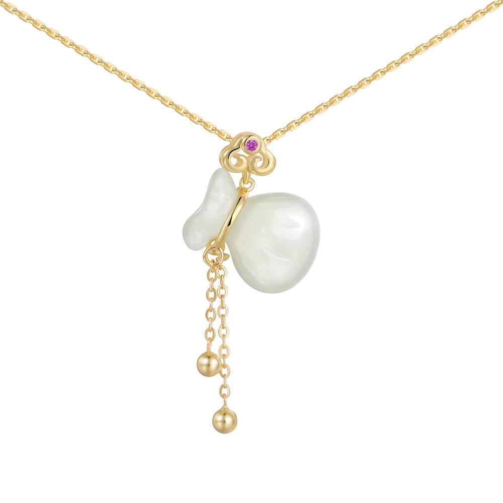 Silver Jade Cut Lucky Bag Pendant Necklace