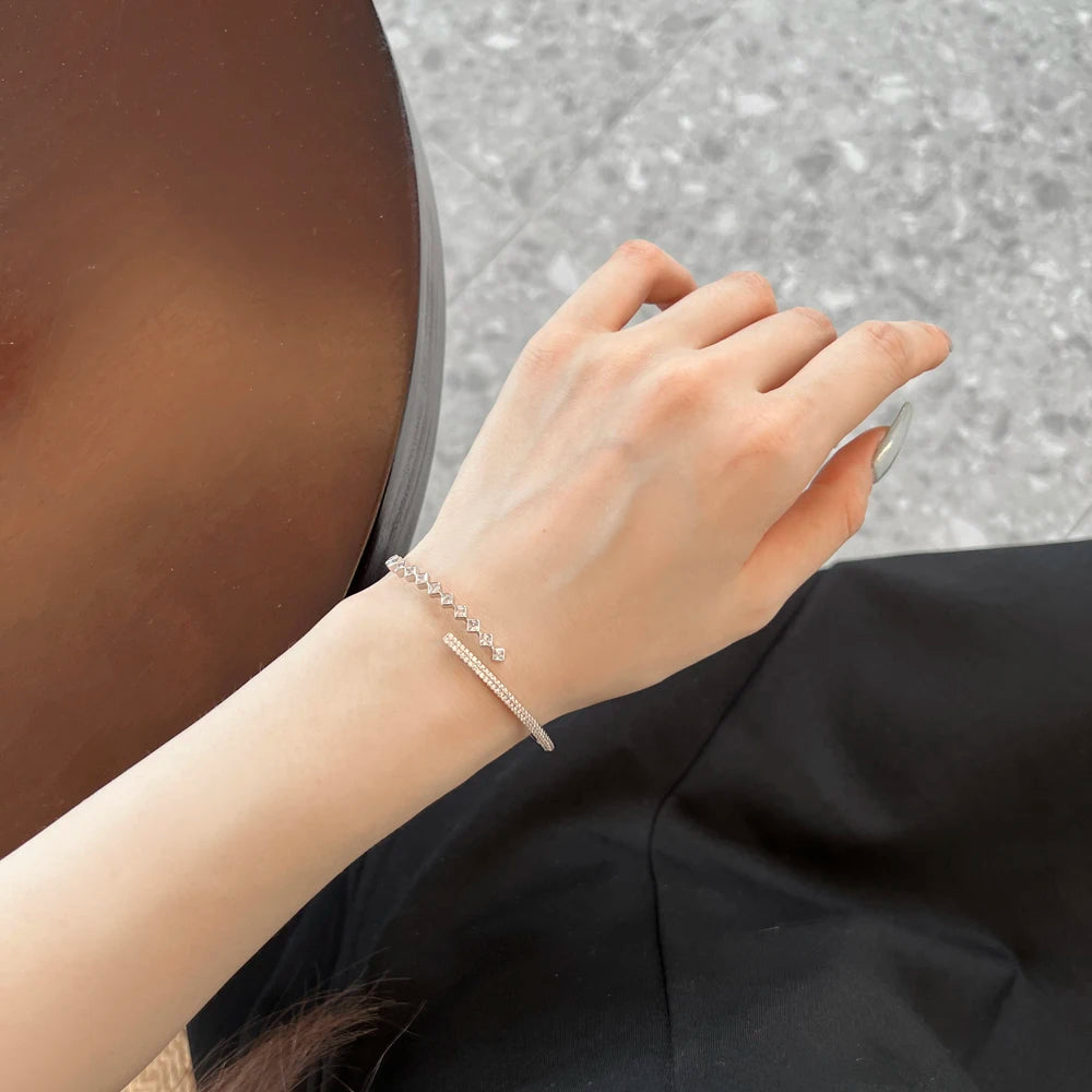 Silver Zircon Round Cut Open Bangle Bracelet