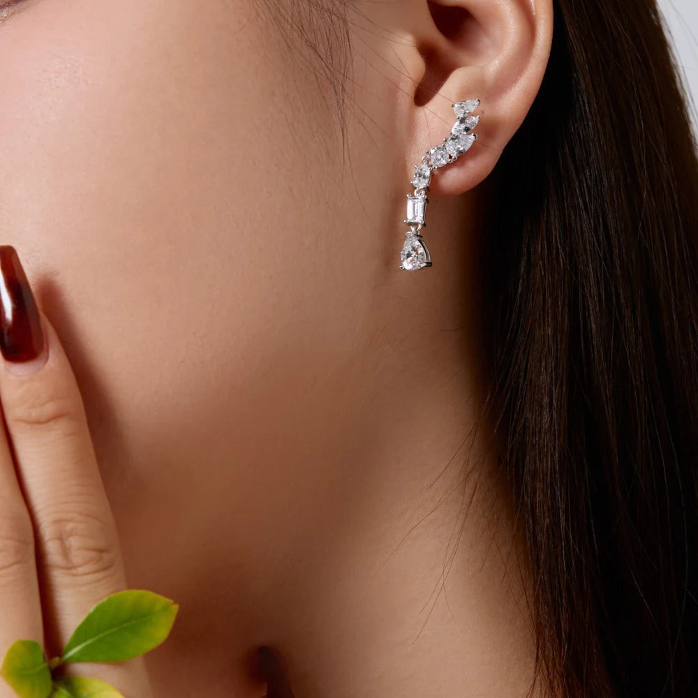 Silver Zircon Pear Cut Iced Tassel Tear Drop Earrings