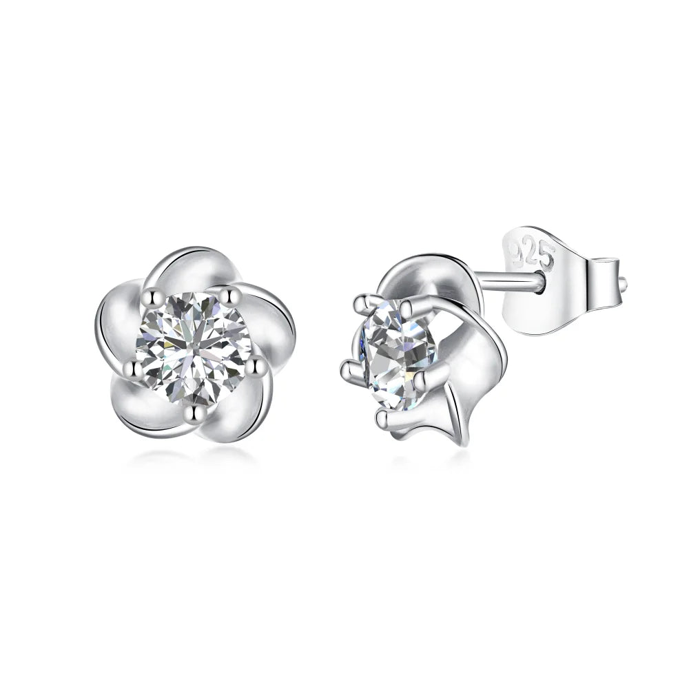 Silver Zircon Round Cut Sakura Flower Ear Studs