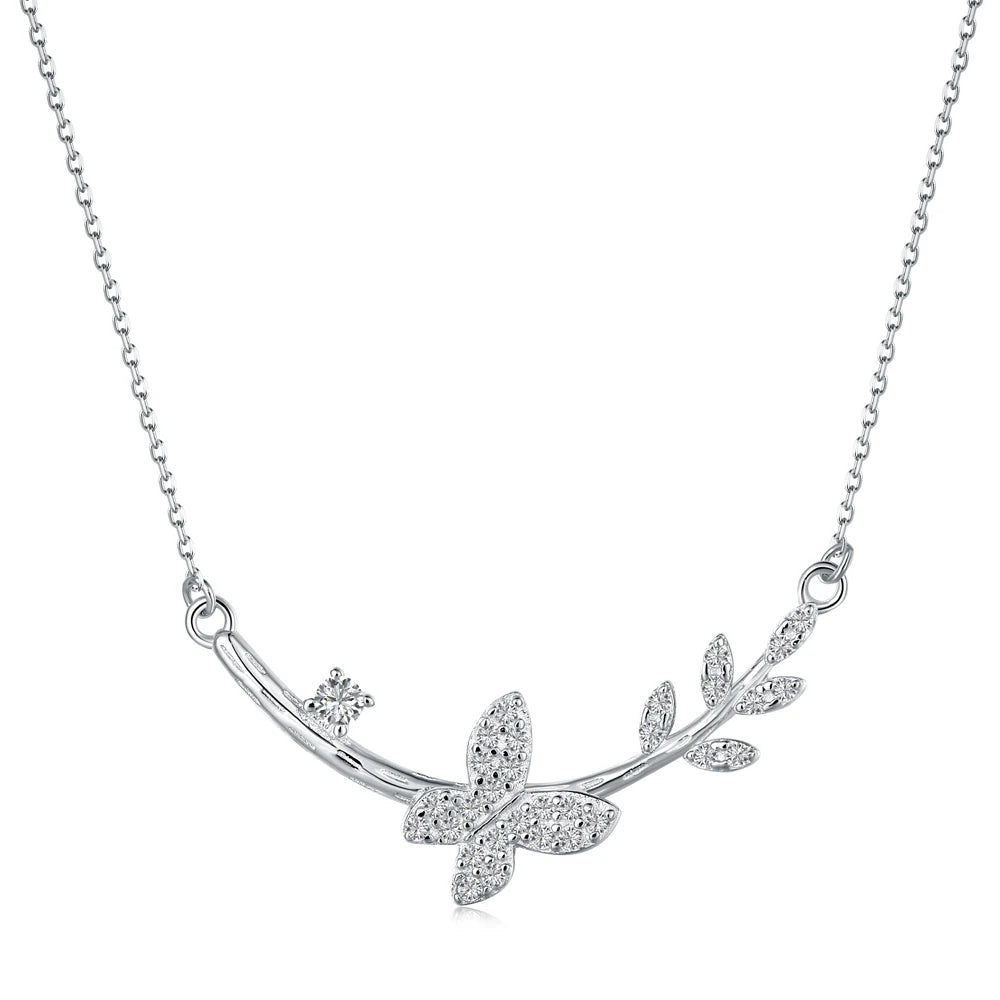 Silver Zircon Round Cut Butterfly Bar Necklace