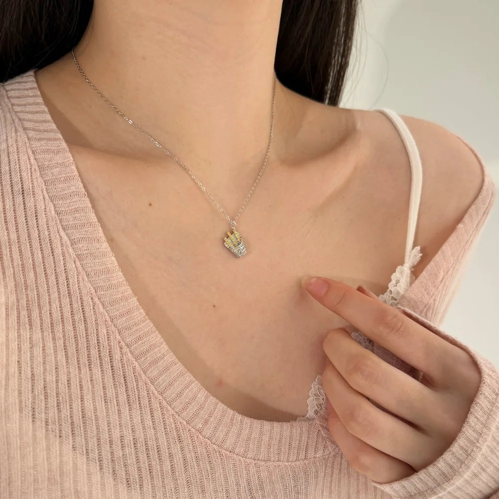 Silver Zircon Round Cut French Fries Pendant Necklace