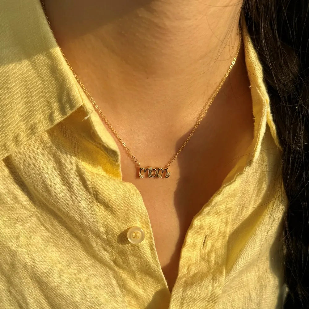 Silver Zircon Round Cut Mom Small Bar Necklace