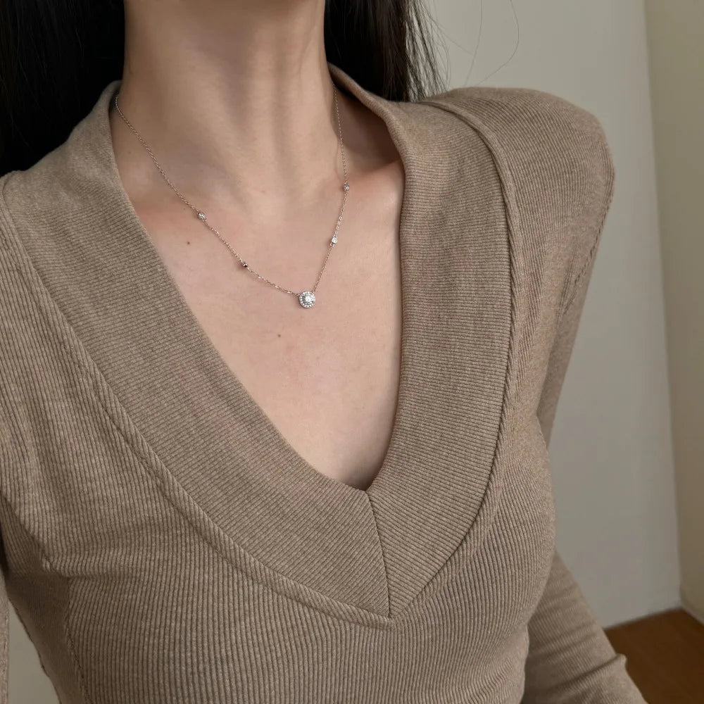 Silver Zircon Round Cut Halo Dots Pendant Necklace