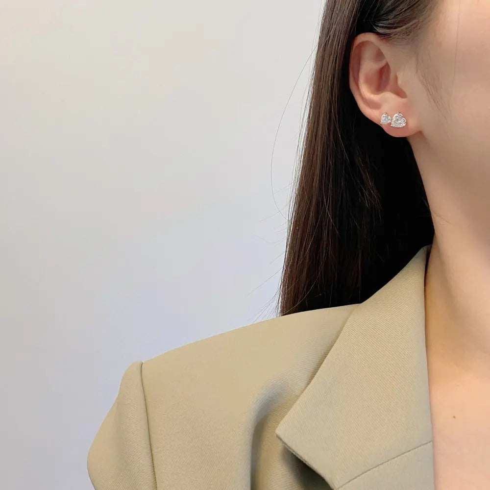 Silver Zircon Heart Cut Side Stacked Ear Studs