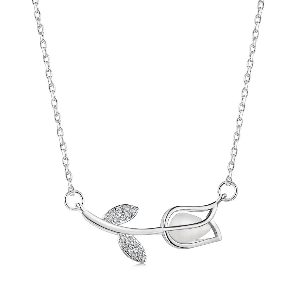 Silver Zircon Round Cut Flower Bar Necklace