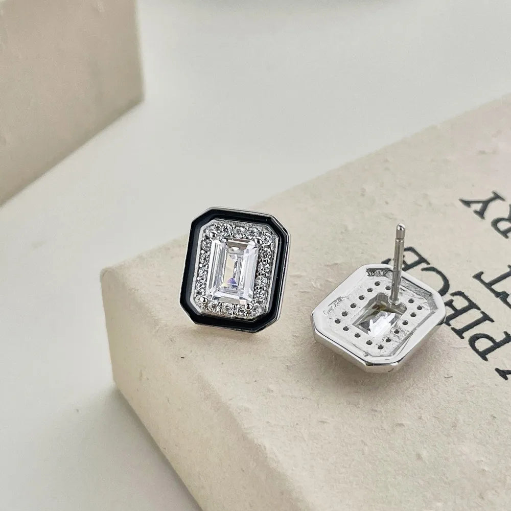 Silver Zircon Emerald Cut Halo Frame Ear Studs
