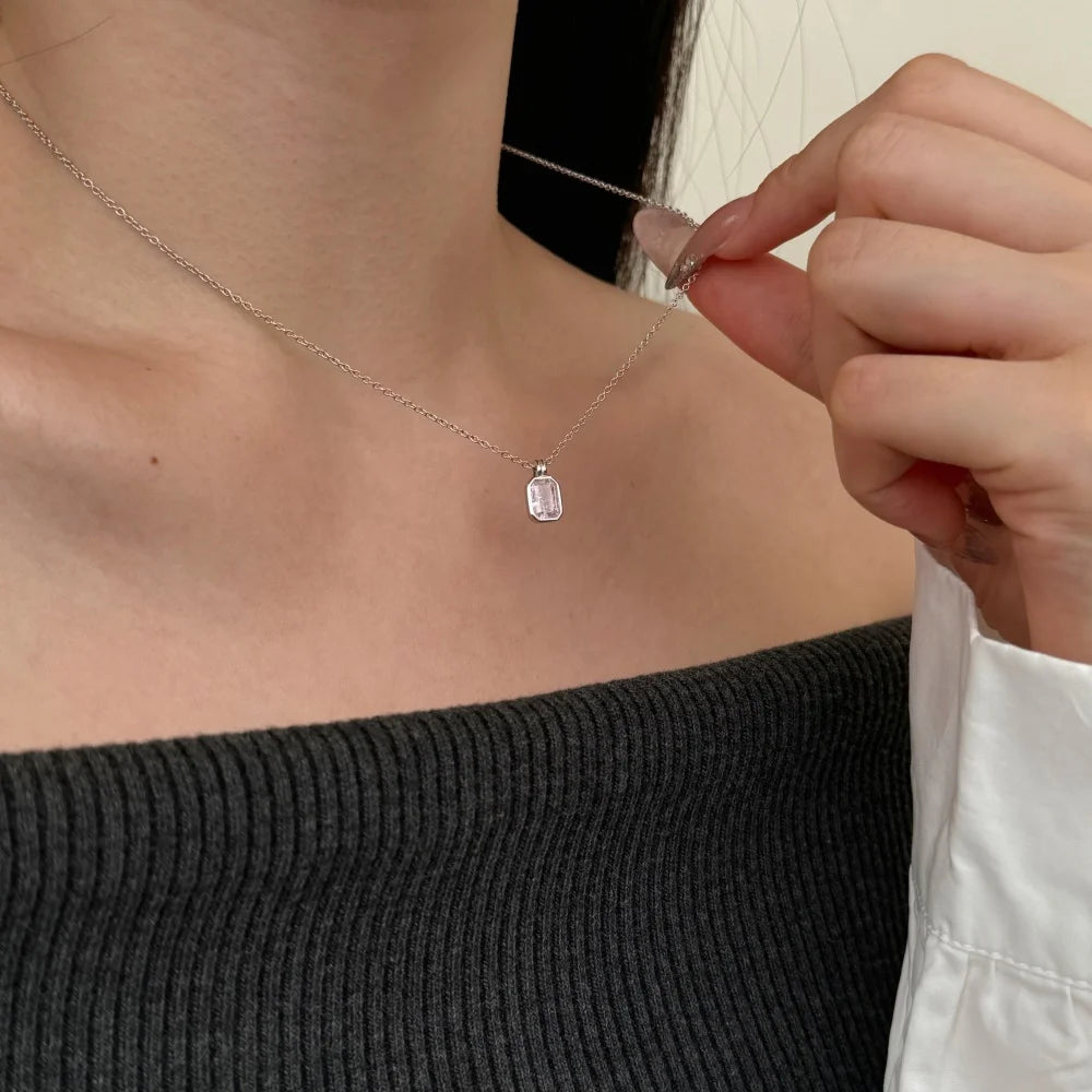Silver Zircon Radiant Cut Side Single Pendant Necklace