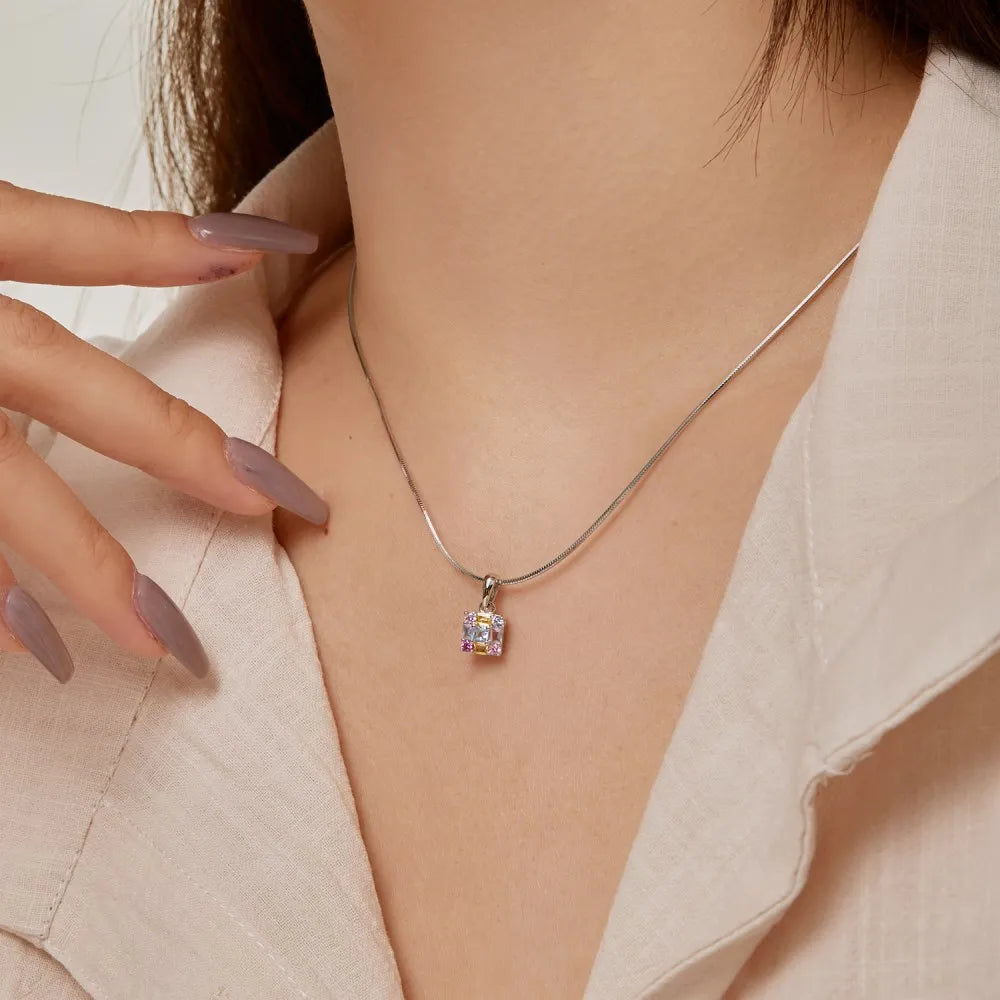 Silver Zircon Princess Cut Cube Pendant Necklace