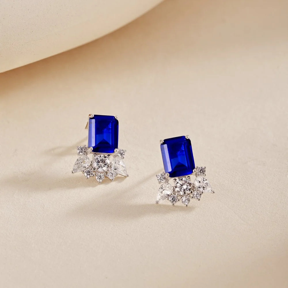 Silver Zircon Emerald Cut Eyelashes Ear Studs