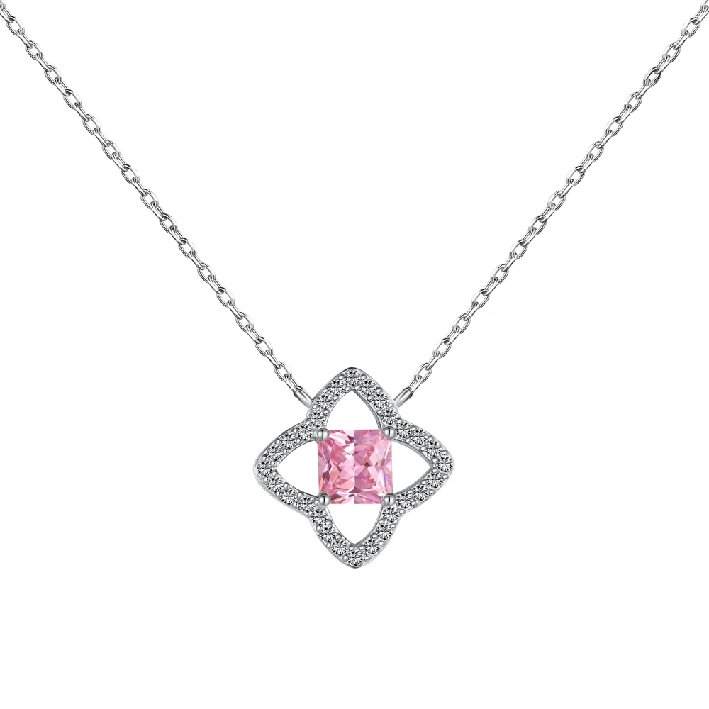 Silver Zircon Princess Cut Hollow Clover Pendant Necklace
