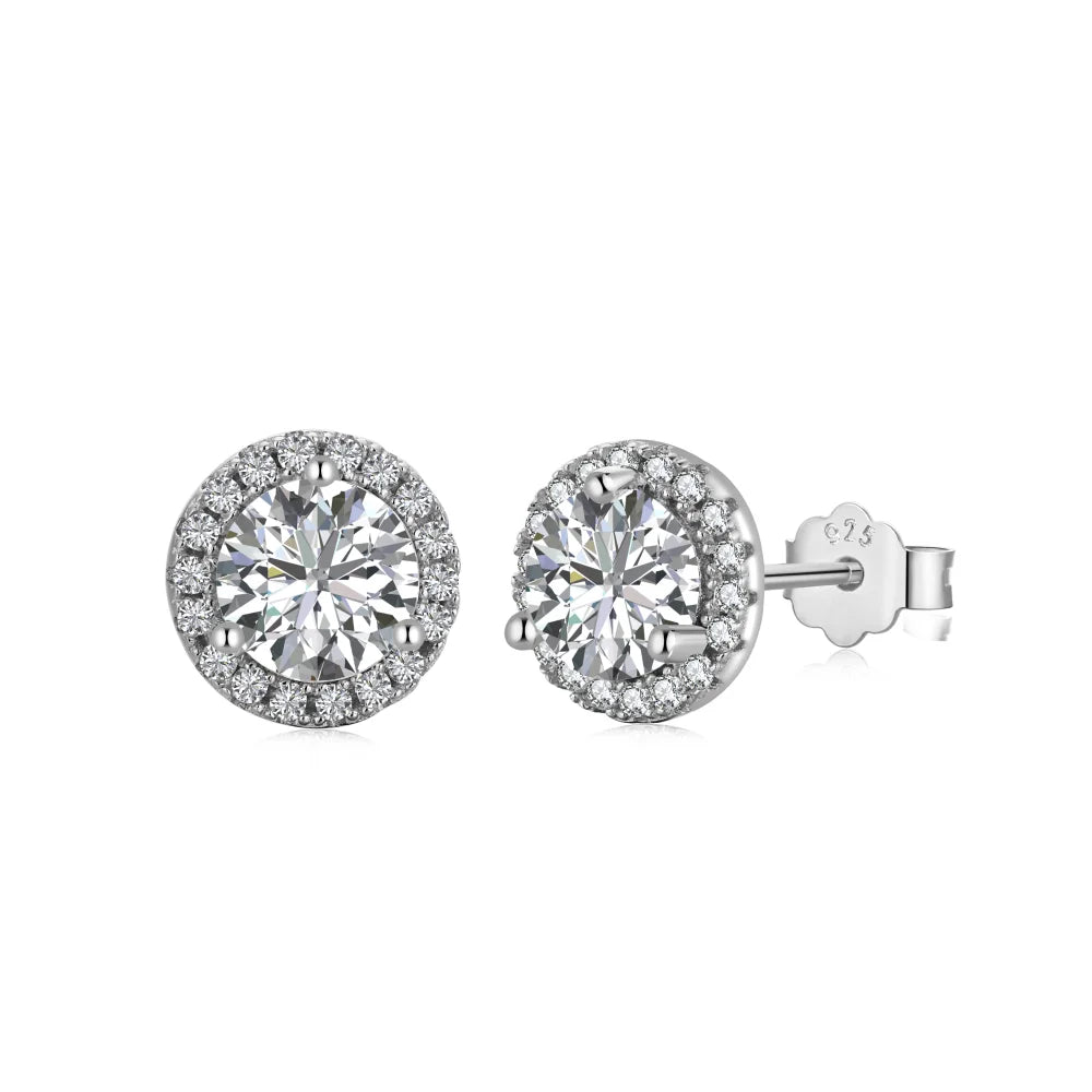 Silver Zircon Round Cut Halo Ear Studs
