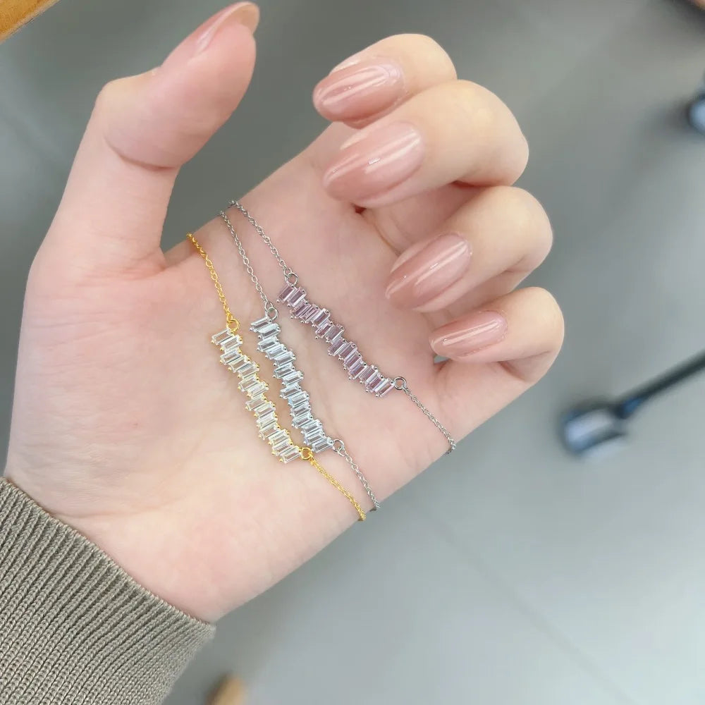 Silver Zircon Baguette Cut Irregular Bar Necklace