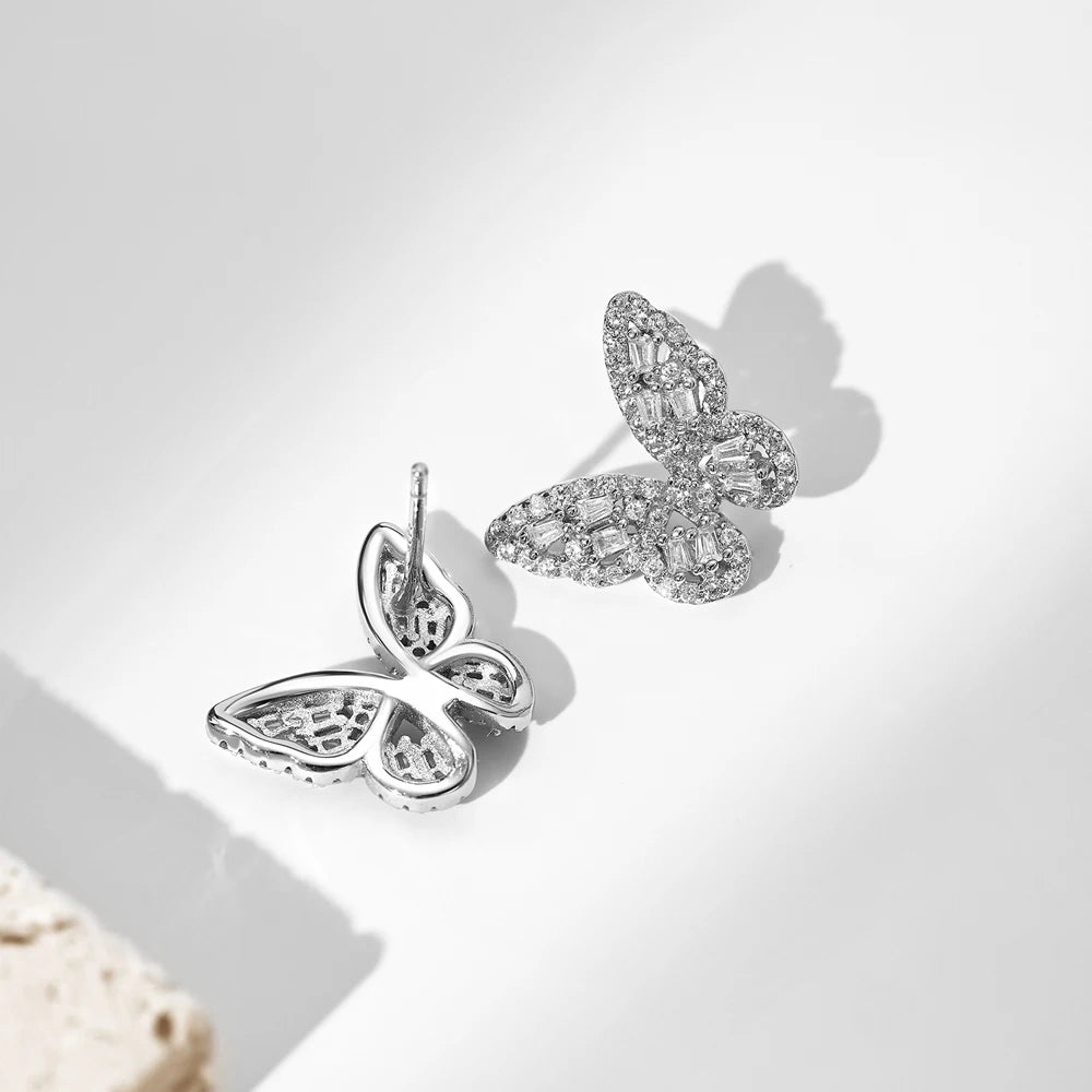 Silver Zircon Tapered Baguette Cut Inlaid Butterfly Ear Studs