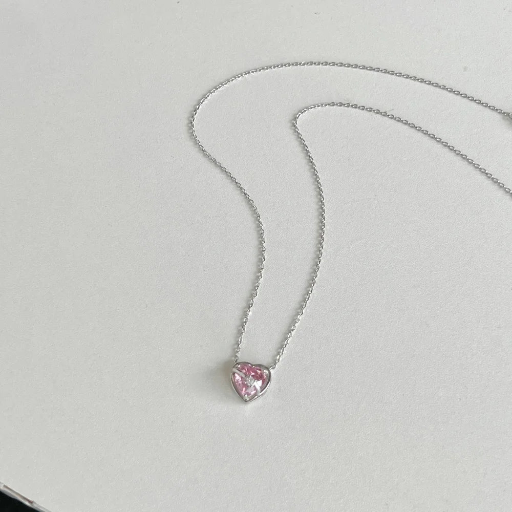 Silver Zircon Heart Cut Wrapped Pendant Necklace