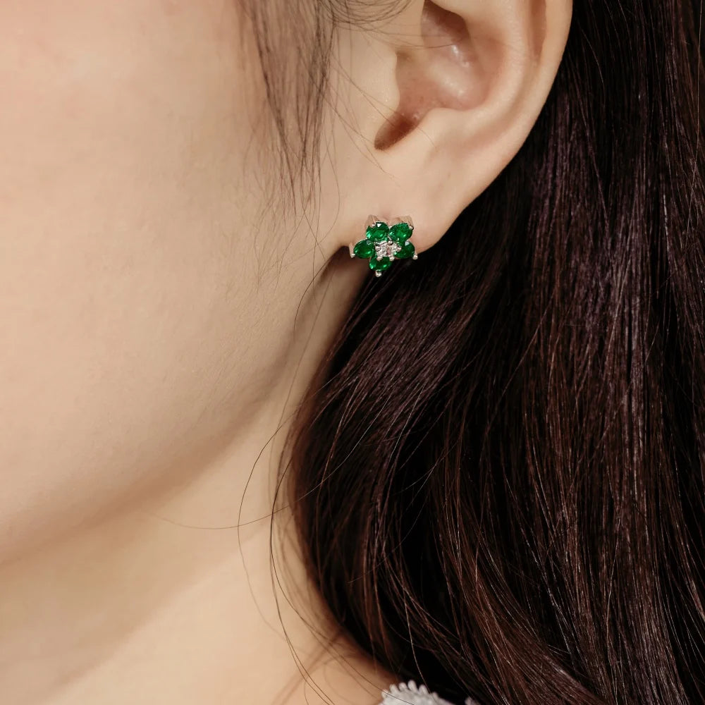 Silver Zircon Round Cut Iced Flower Ear Studs
