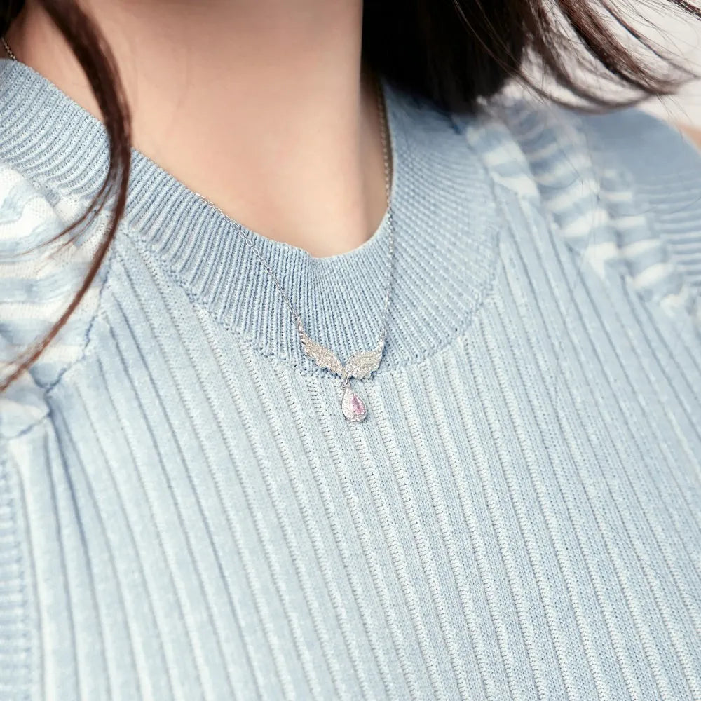 Silver Zircon Pear Cut Wings Waterdrop Pendant Necklace