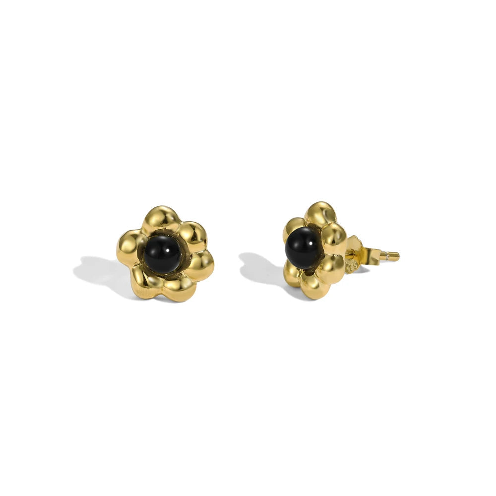 Silver Agate Round Cut Flower Ear Studs