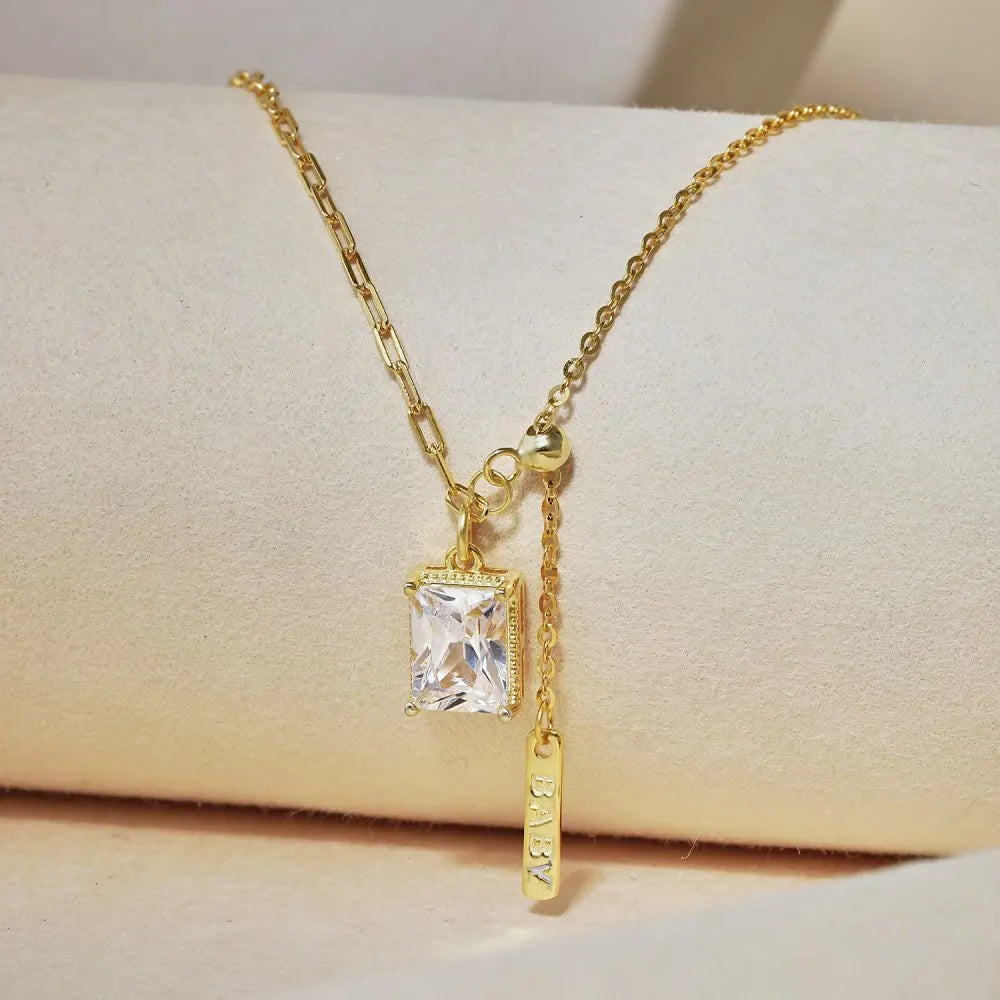 Silver Zircon Radiant Cut Duel Link Pendant Necklace
