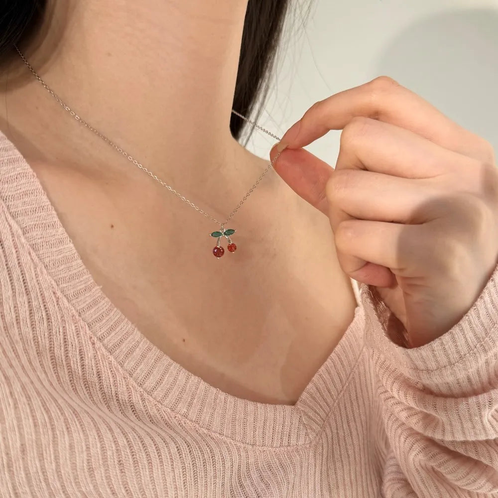Silver Zircon Round Cut Cherry Pendant Necklace
