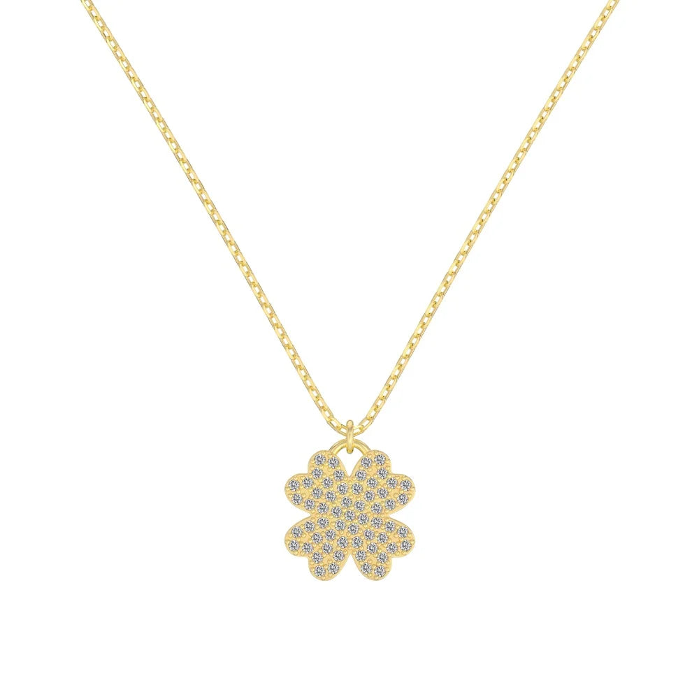 Silver Zircon Round Cut Iced 4 Leaf Clover Pendant Necklace