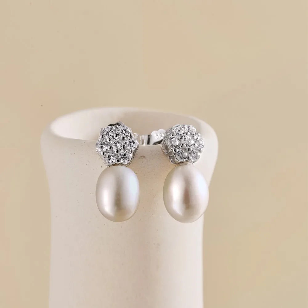 Silver Pearl Inlaid Hexagon Ear Studs