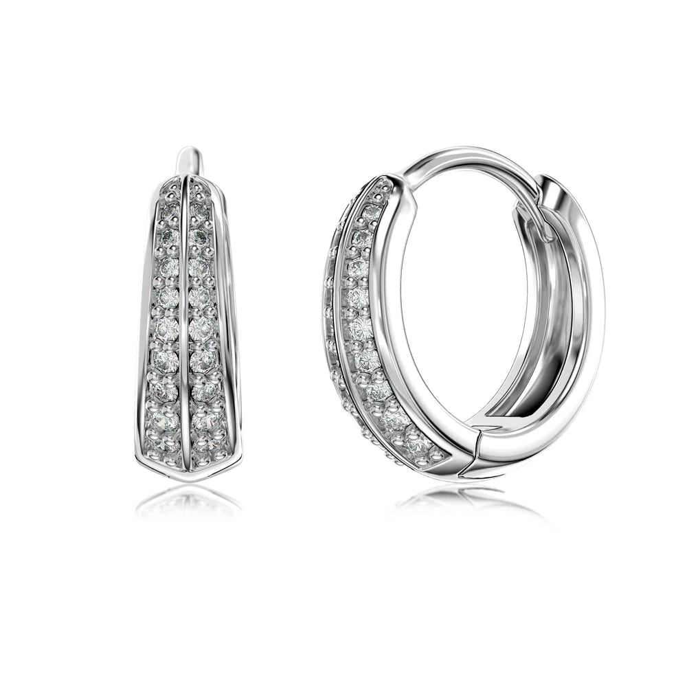 Silver Zircon Round Cut Iced Hoop Huggie Earrings