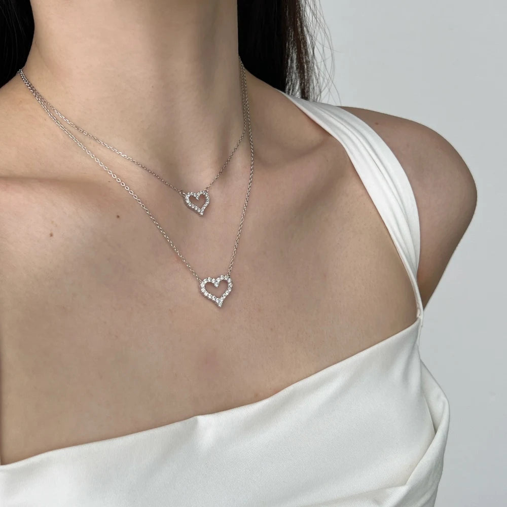 Silver Zircon Round Cut Small Inlaid Halo Heart Pendant Necklace