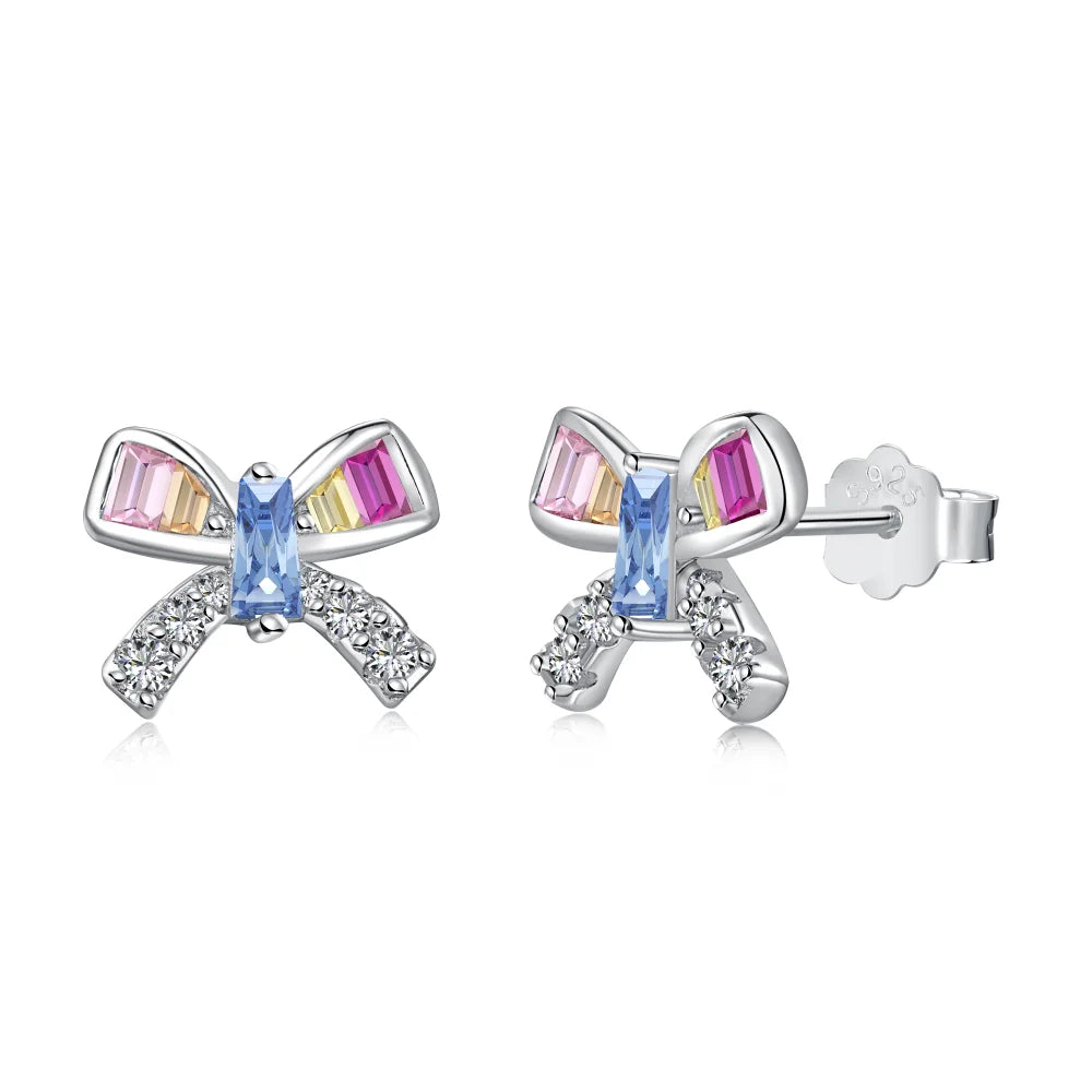 Silver Zircon Baguette Cut Bow Tie Ear Studs