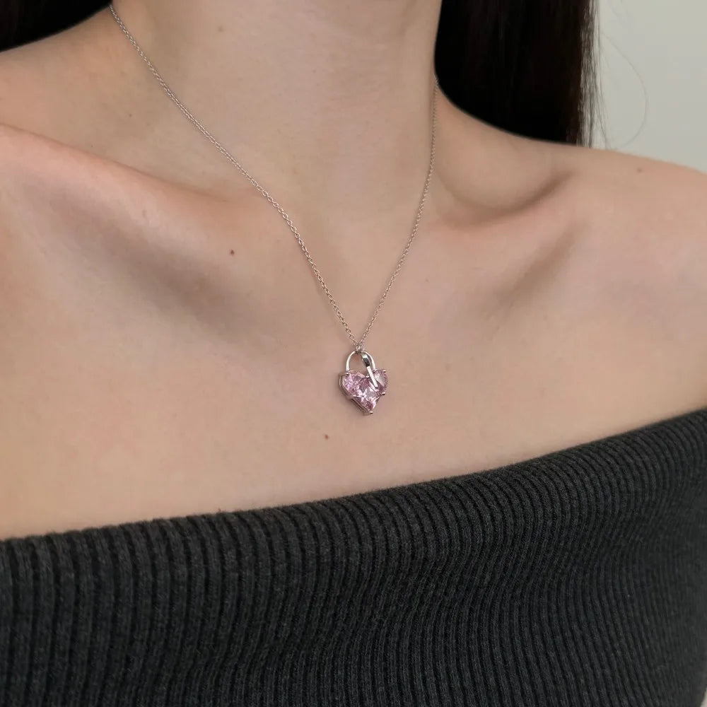 Silver Zircon Princess Cut Love Key Pendant Necklace