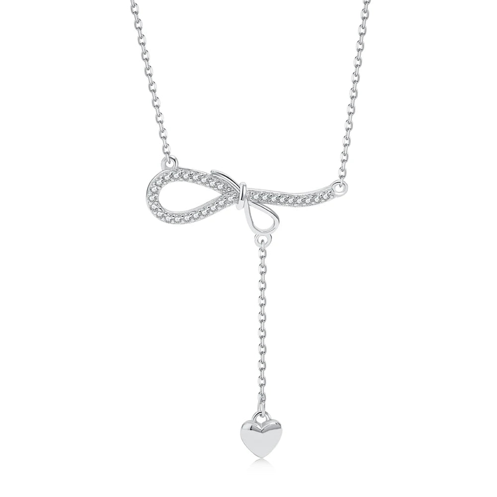 Silver Zircon Round Cut Bow Heart Pendant Necklace