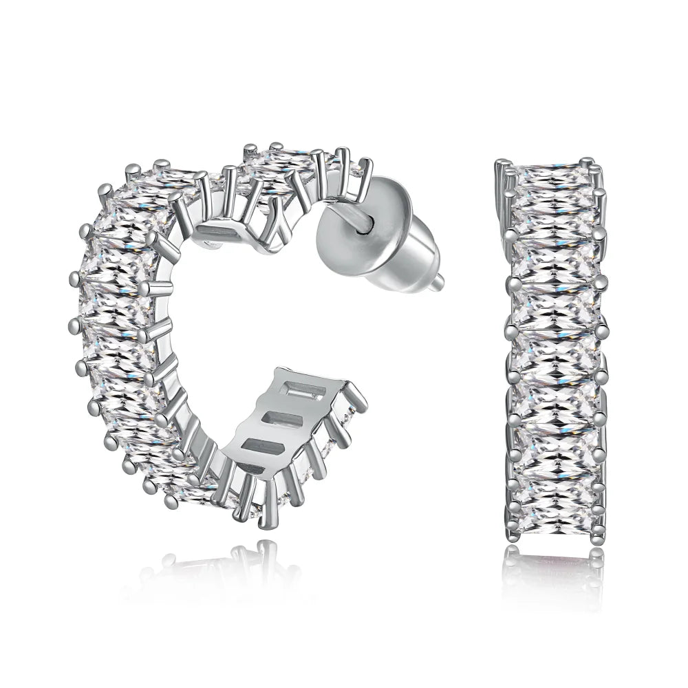 Silver Zircon Cushion Cut Heart Inlaid Ear Hoops