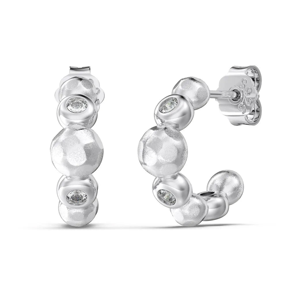 Silver Zircon Round Cut Brushed Huggie Earrings