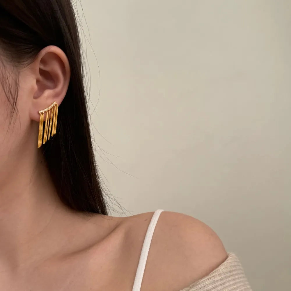 Silver Zircon Round Cut Bar Tassel Drop Earrings