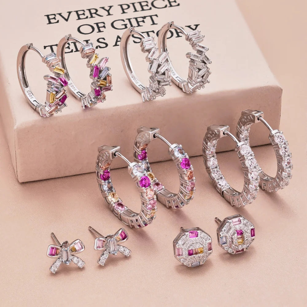 Silver Zircon Baguette Cut Multi Shape Ear Studs