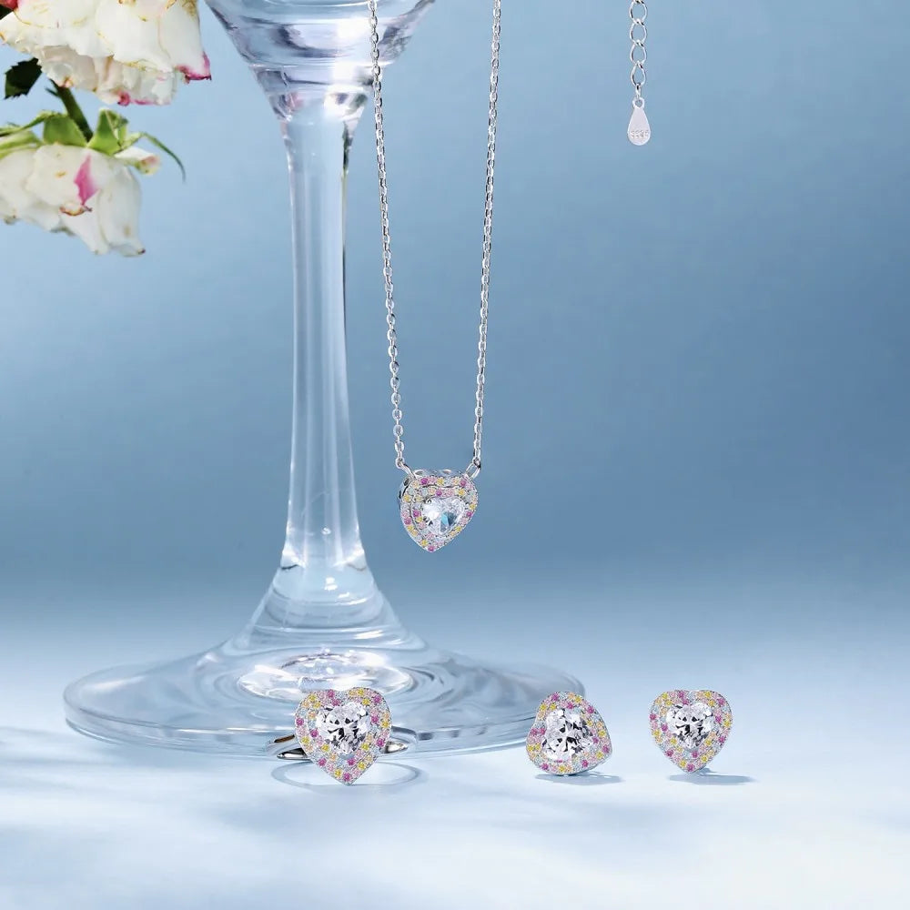 Silver Zircon Heart Cut Iced Halo Pendant Necklace