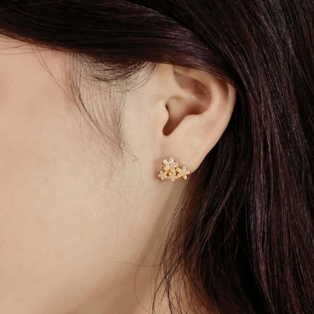 Silver Zircon Pear Cut Inlaid Flower Ear Studs