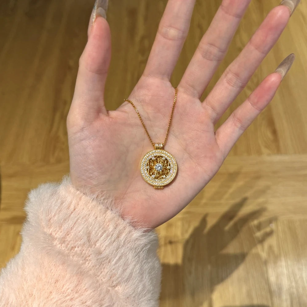 Silver Zircon Round Cut Halo Disc Pendant Necklace