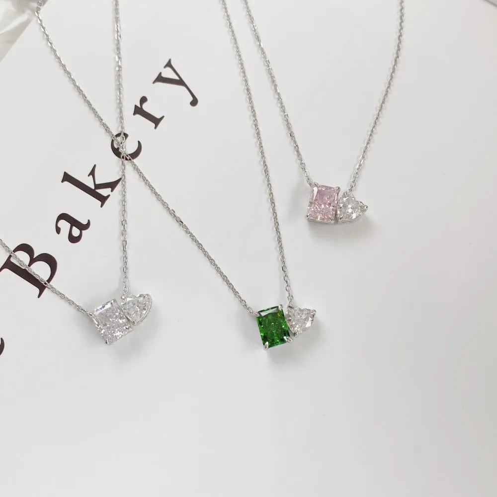 Silver Zircon Radiant Cut Toi Et Moi Pendant Necklace