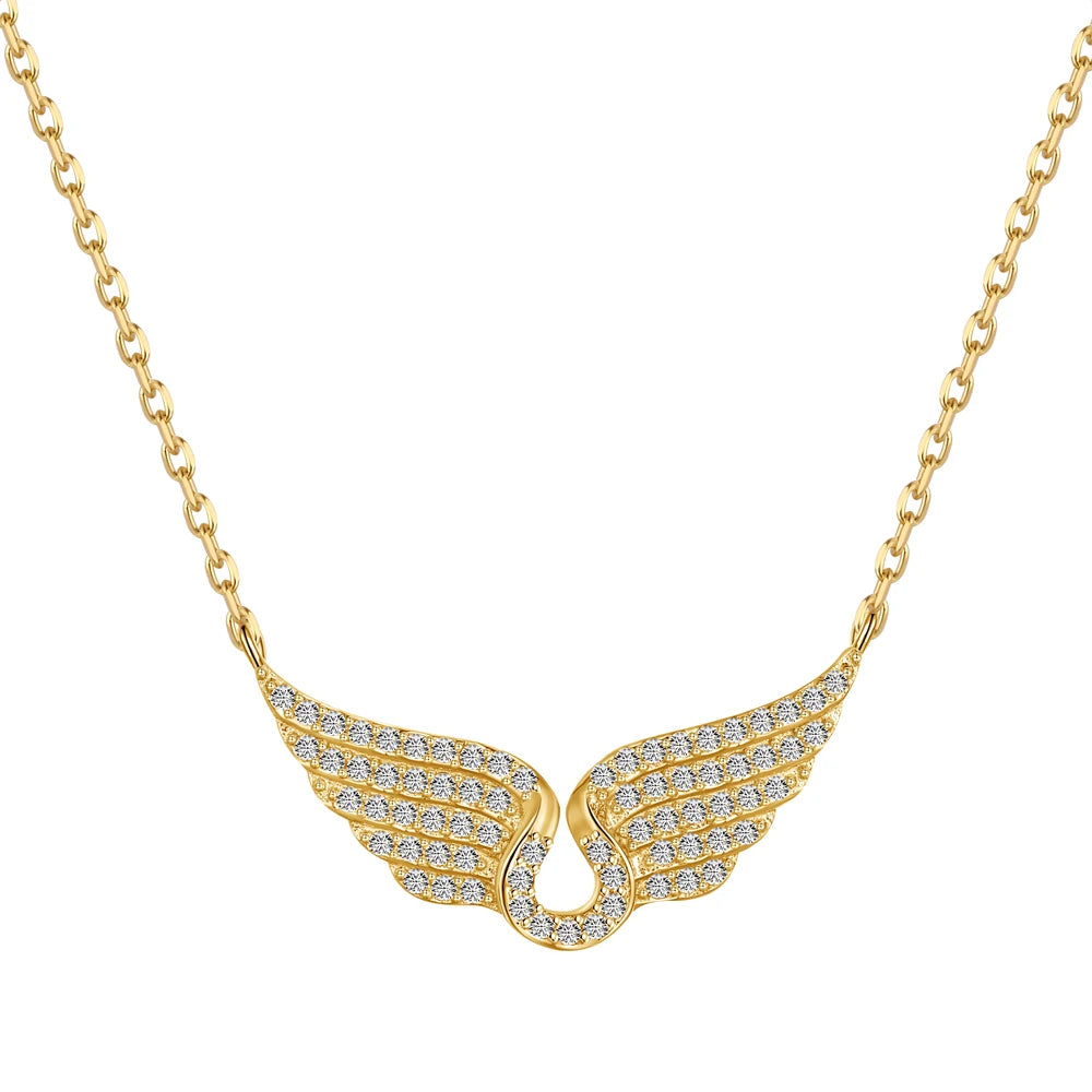Silver Zircon Round Cut Halo Inlaid Wings Bar Necklace
