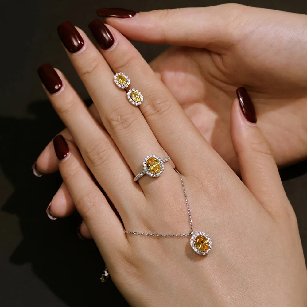 Silver Zircon Oval Cut Halo Frame Ear Studs