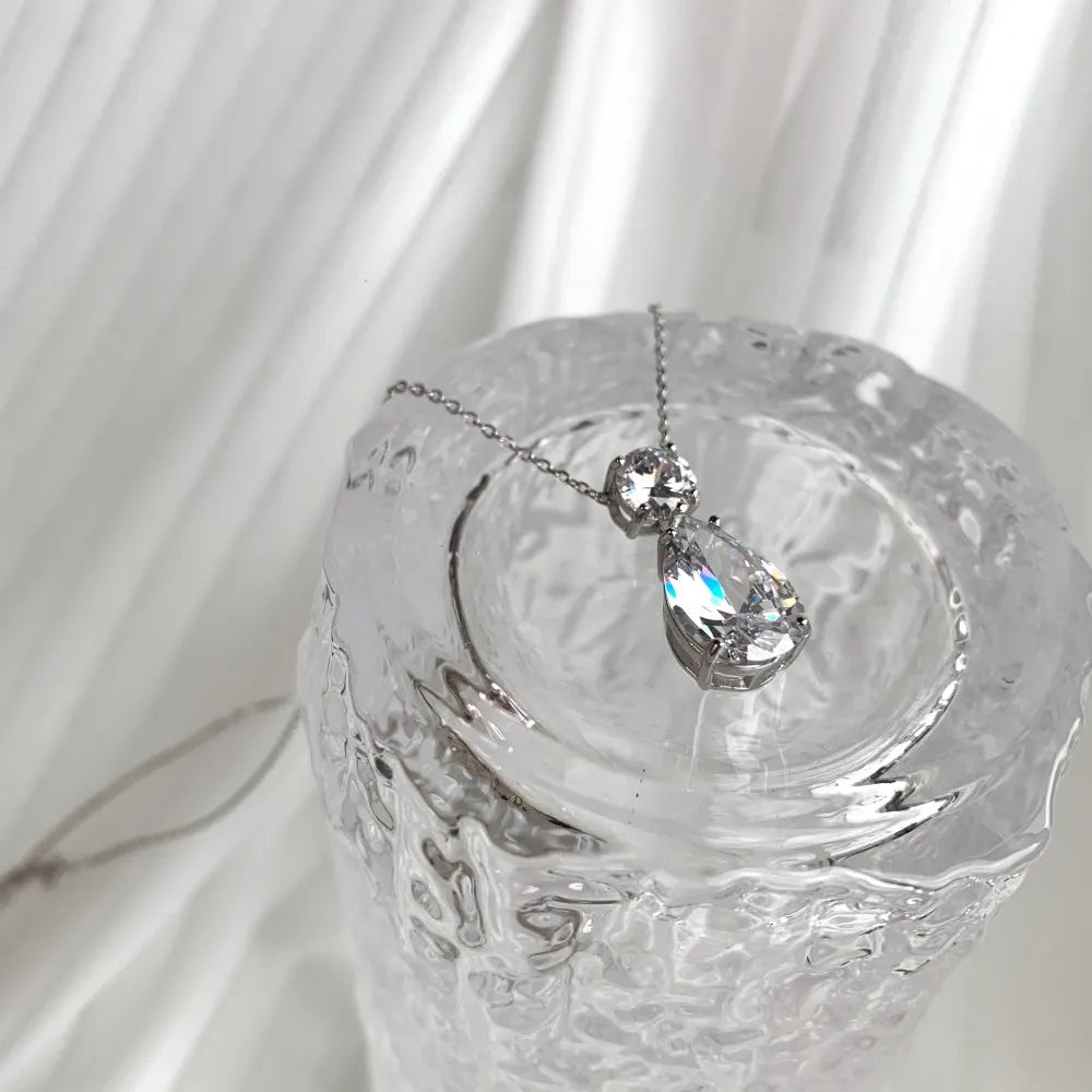Silver Zircon Pear Cut Stacked Water Drop Pendant Necklace