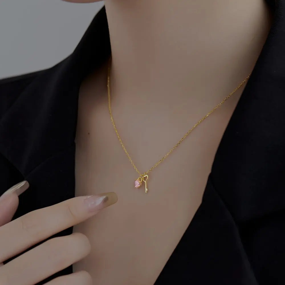 Silver Zircon Heart Cut Love Key Pendant Necklace