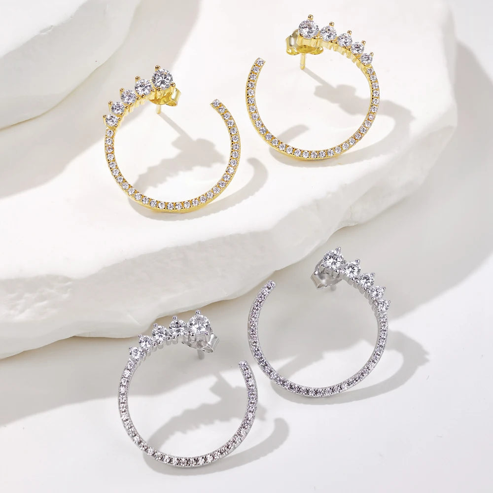 Silver Zircon Round Cut Inlaid Halo Ear Studs